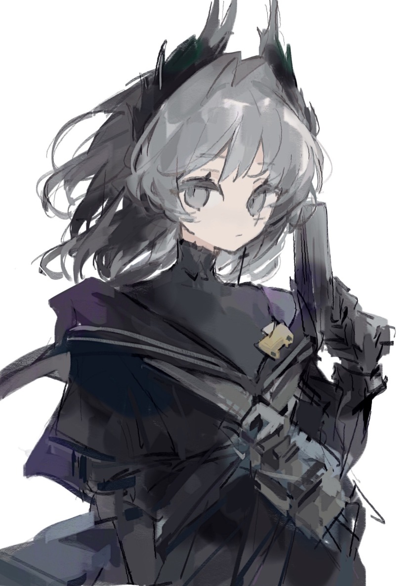 1girl arknights black_dress black_shirt cross cross_earrings cross_scar dress earrings grey_eyes grey_hair gun hair_intakes handgun head_wings highres holding holding_gun holding_weapon irene_(arknights) irene_(the_adjudicatrix_and_her_resolve)_(arknights) jewelry layered_sleeves long_sleeves medium_hair neya-ido pleated_dress scar scar_on_face shirt simple_background single_earring turtleneck turtleneck_shirt upper_body weapon white_background wings