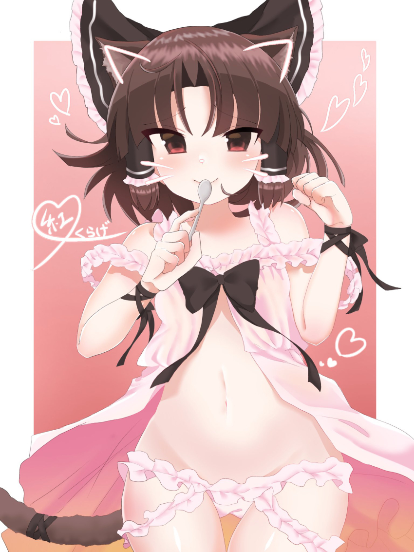 1girl alternate_costume animal_ears babydoll benikurage_(cookie) black_bow black_bowtie blush bow bowtie brown_eyes brown_hair cat_ears cat_girl cat_tail closed_mouth commentary_request cookie_(touhou) cowboy_shot drawn_ears drawn_whiskers flat_chest frilled_babydoll frilled_bow frilled_hair_tubes frilled_panties frills gradient_background gyaku_(kuriya) hair_bow hair_tubes hakurei_reimu highres holding holding_spoon kemonomimi_mode looking_at_viewer navel panties parted_bangs pink_babydoll pink_background pink_panties sidelocks smile solo spoon tail touhou underwear