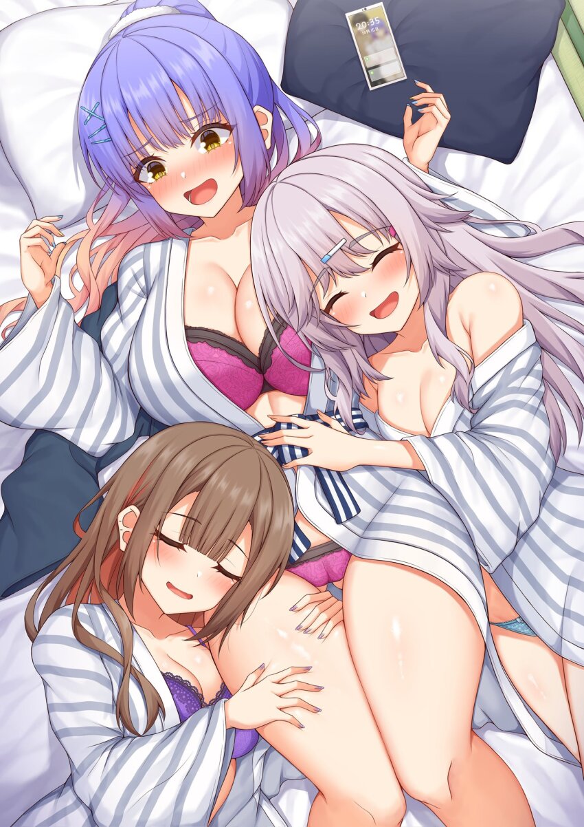 3girls :d \||/ ^_^ alternate_costume armpit_crease bare_shoulders bath_yukata blue_hair blue_nails blue_panties blunt_bangs blush bra bra_print breasts brown_hair cameltoe cellphone center-flap_bangs cleavage closed_eyes collarbone commentary curvy dutch_angle embarrassed eyelashes feet_out_of_frame floral_print from_above furrowed_brow gluteal_fold gradient_hair grey_hair gyaru hair_between_eyes hair_down hair_ornament hairclip hands_up happy head_on_pillow highres hug hugging_another&#039;s_leg japanese_clothes kimono kinoshita_kaede kohibari_kurumi large_breasts long_hair long_sleeves looking_at_another looking_down lying multicolored_hair multiple_girls nail_polish nose_blush on_back on_bed open_mouth orange_hair panties phone pillow pink_bra pink_hair pink_panties ponytail print_panties purple_bra purple_nails rose_print ryakusun shiraishi_chika sidelocks smartphone smile streaked_hair striped_clothes striped_kimono tenshi_souzou_re-boot! thigh_gap thighs tsurime two-tone_hair underwear upper_body vertical-striped_clothes vertical-striped_kimono white_kimono wide_sleeves yellow_eyes yellow_nails yukata