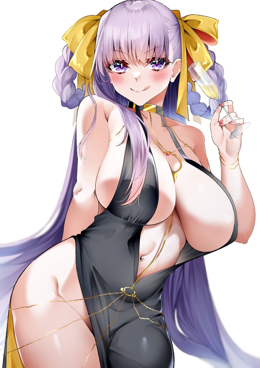 1girl absurdres alcohol bare_shoulders bb_(fate) bb_dubai_(fate) belly_chain black_dress blush braid braided_hair_rings breasts center_opening champagne champagne_flute cleavage cup dress drinking_glass fate/grand_order fate_(series) hair_ribbon hair_rings highres jewelry large_breasts len_(hand_linke) licking_lips long_hair looking_at_viewer nail_polish navel necklace purple_eyes purple_hair ribbon side_slit sideboob smile solo thighs tongue tongue_out twin_braids very_long_hair yellow_ribbon