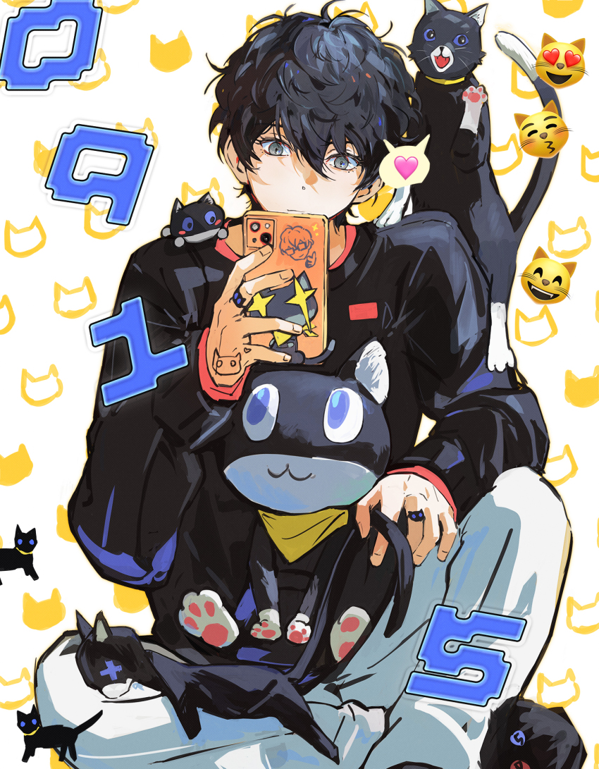 1boy amamiya_ren animal black_cat black_hair black_shirt cat cat_emoji cellphone closed_mouth grey_eyes highres holding holding_phone jewelry long_sleeves looking_at_viewer male_focus morgana_(persona_5) ooc_(sylyaoh) open_mouth pants persona persona_5 phone ring shirt simple_background sitting smartphone stuffed_animal stuffed_cat stuffed_toy