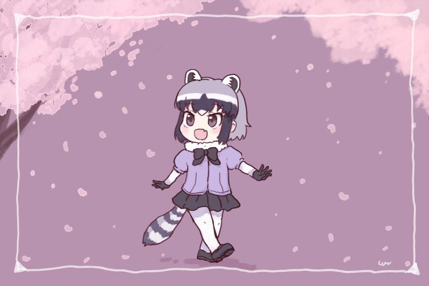 1girl animal_ears black_bow black_bowtie black_footwear black_gloves black_skirt blue_hair blue_sweater bow bowtie cherry_blossoms common_raccoon_(kemono_friends) elbow_gloves extra_ears fang full_body fur_collar gloves kemono_friends multicolored_clothes multicolored_gloves multicolored_hair open_mouth pantyhose pleated_skirt puffy_short_sleeves puffy_sleeves raccoon_ears raccoon_girl raccoon_tail san_sami short_hair short_sleeves skirt solo sweater tail walking white_fur white_gloves white_hair white_pantyhose