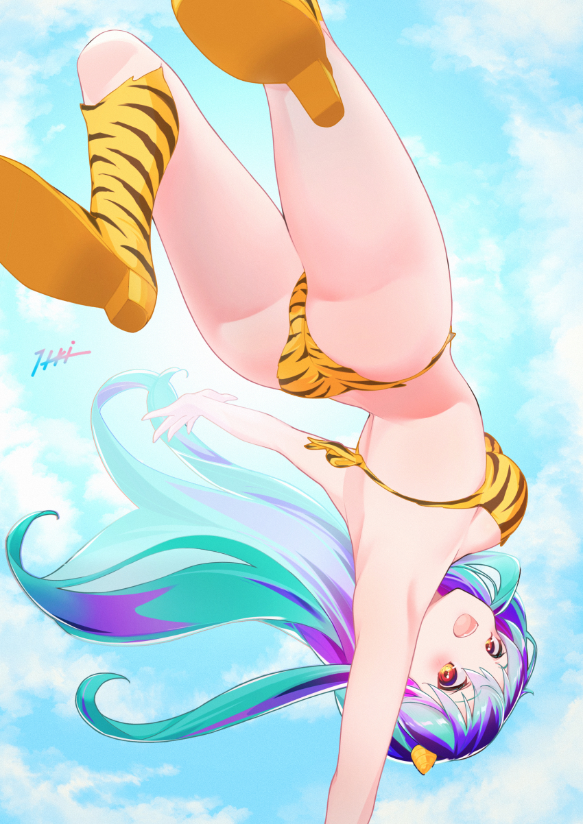 1girl absurdres animal_print artist_name ass bikini blue_hair blue_sky boots breasts cloud cone_horns day fur_bikini high_heel_boots high_heels highres horns itou_kazuki long_hair lum medium_breasts oni open_mouth orange_eyes outdoors print_bikini print_footwear sky small_horns smile solo strapless strapless_bikini swimsuit tiger_print upside-down urusei_yatsura yellow_bikini yellow_horns