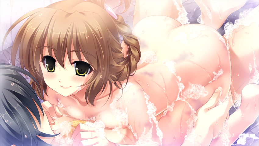 bath breast_press breasts brown_hair bubble girl_on_top green_eyes midori_no_umi ohuro water