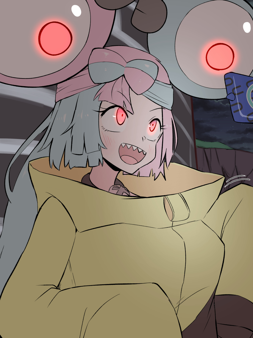 1girl :d absurdres alpha_pokemon alternate_eye_color blue_eyes blue_hair blush creatures_(company) eyelashes fangs game_freak gen_1_pokemon gen_4_pokemon glowing glowing_eyes happy highres iono_(pokemon) kurachi_mizuki long_hair looking_at_phone looking_up magneton multicolored_hair night night_sky nintendo open_mouth phone pink_hair pokemon pokemon_legends:_arceus pokemon_sv red_eyes rotom rotom_phone sharp_teeth sky smile solo split-color_hair teeth very_long_sleeves