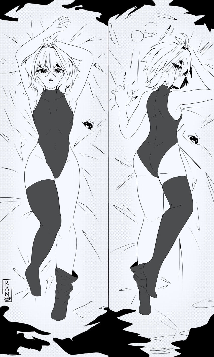 absurdres ahoge ass back blush breasts dakimakura_(medium) feet glasses hair_ornament highres leotard monochrome multiple_views original raccoon ran_sk short_hair sleeveless sleeveless_turtleneck small_breasts thighhighs thighs turtleneck