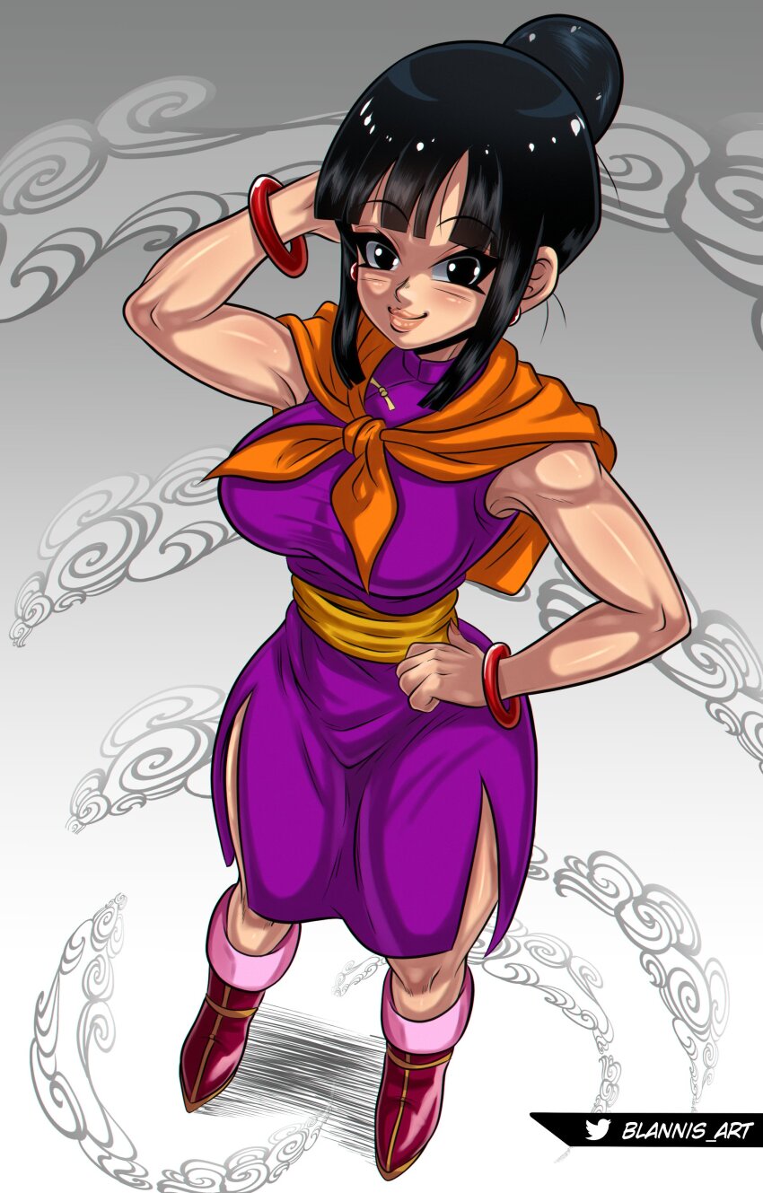 1girl arm_behind_head arm_up artist_name bare_arms black_eyes blannis blush boots breasts chi-chi_(dragon_ball) closed_mouth dragon_ball dragonball_z dress eyebrows eyelashes female_focus from_above gradient_background grey_background hair_bun hand_on_own_hip large_breasts lips looking_at_viewer looking_up matching_hair/eyes nose orange_scarf pink_footwear purple_dress scarf short_hair_with_long_locks sidelocks simple_background single_hair_bun smile solo