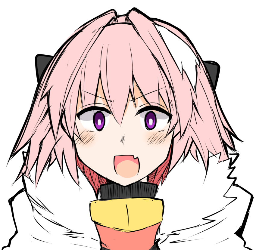 1boy armor astolfo_(fate) black_bow black_ribbon blush bow cape commentary_request fang fate/apocrypha fate_(series) fur_trim hair_intakes hair_ribbon highres male_focus multicolored_hair open_mouth pink_hair purple_eyes ribbon simple_background sketch smile solo streaked_hair takasaki_aneki trap white_background white_hair