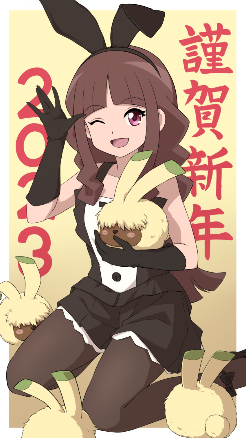 1girl 2023 bosamon brown_hair chinese_zodiac digimon digimon_ghost_game highres long_hair looking_at_viewer one_eye_closed rabbit tsukiyono_ruli very_long_hair wink year_of_the_rabbit