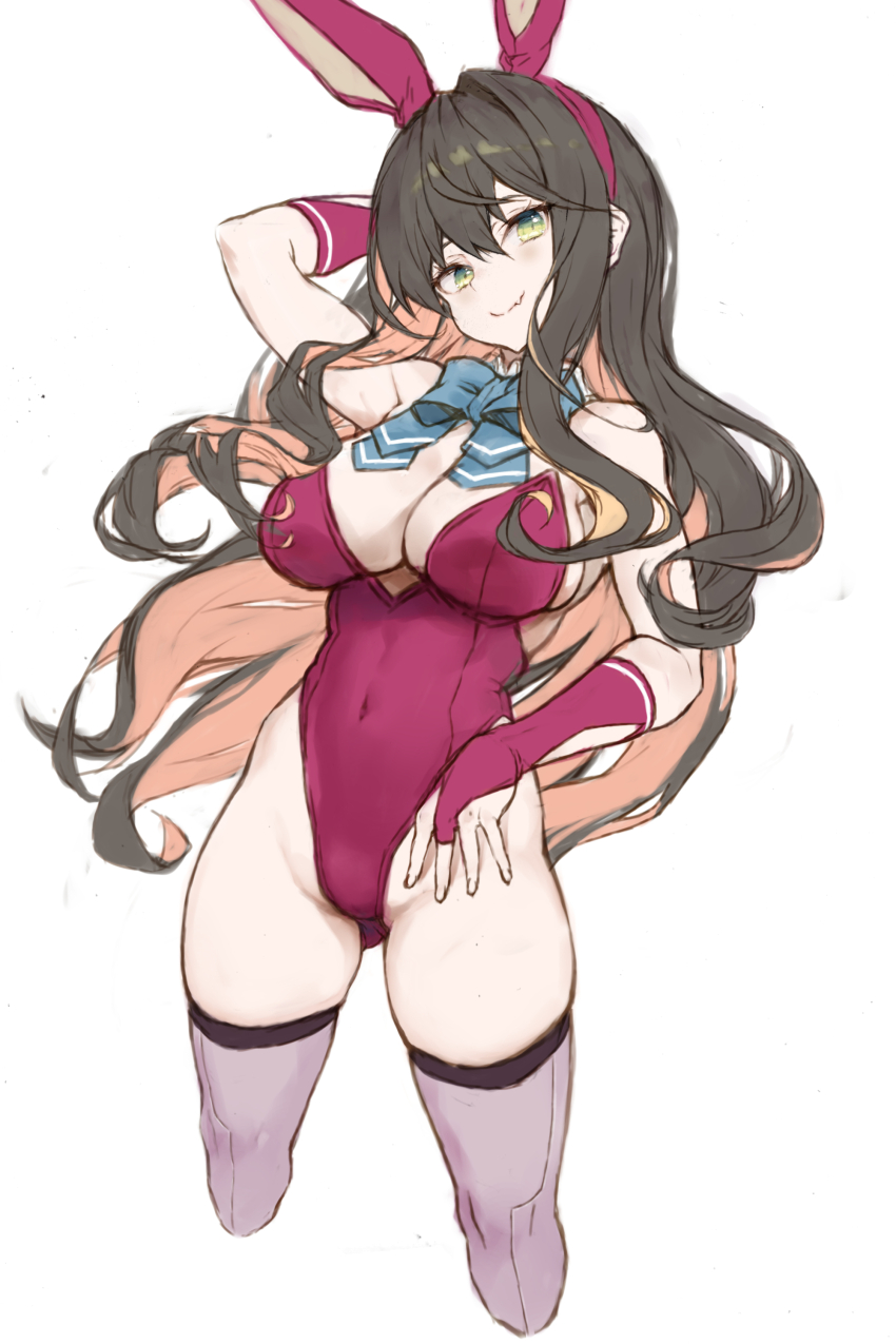 1girl absurdres animal_ears arm_up black_hair blush bow bowtie breasts cleavage colored_inner_hair covered_navel cropped_legs detached_collar fake_animal_ears fang fang_out gluteal_fold green_eyes hair_between_eyes highleg highleg_leotard highres kantai_collection large_breasts leotard long_hair looking_at_viewer multicolored_hair naganami_(kancolle) naganami_kai_ni_(kancolle) pink_hair playboy_bunny rabbit_ears red_leotard ryo_(tg290) simple_background skindentation smile solo strapless strapless_leotard thighhighs two-tone_hair wavy_hair white_background