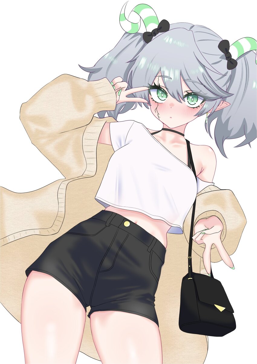 1girl absurdres alternate_costume arianne_the_labrynth_servant bag black_pants blush crop_top demon_girl double_v duel_monster green_eyes grey_hair highres jacket midriff navel navel_peek oldsickkim pants pointy_ears short_shorts shorts shoulder_bag solo twintails v white_background yellow_jacket yu-gi-oh!