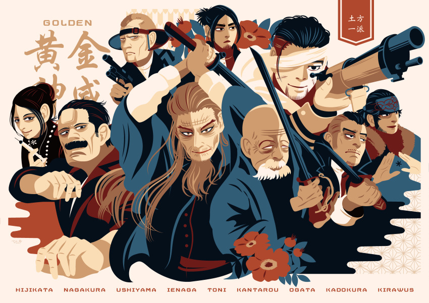 1girl 6+boys absurdres ainu_clothes bald beard black_eyes black_hair brown_eyes brown_hair character_name copyright_name facial_hair fighting_stance golden_kamuy gun headband highres hijikata_toshizou_(golden_kamuy) holding holding_gun holding_sword holding_weapon ienaga_kano japanese_clothes kadokura_(golden_kamuy) katana kirawus_(golden_kamuy) looking_at_viewer multiple_boys ogata_hyakunosuke old old_man rifle scar scar_on_face scar_on_forehead stubble sword syringe toni_anji ushiyama_tatsuma vivi66 weapon white_hair wrinkled_skin