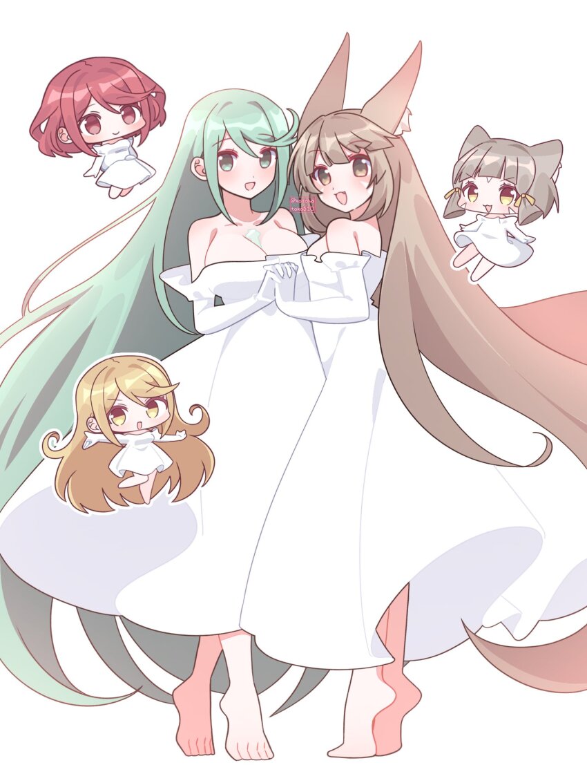 alternate_costume barefoot breasts chibi dress kotohatoko510 large_breasts long_hair multiple_girls mythra_(xenoblade) nia_(blade)_(xenoblade) nia_(xenoblade) pneuma_(xenoblade) pyra_(xenoblade) very_long_hair white_dress xenoblade_chronicles_(series) xenoblade_chronicles_2