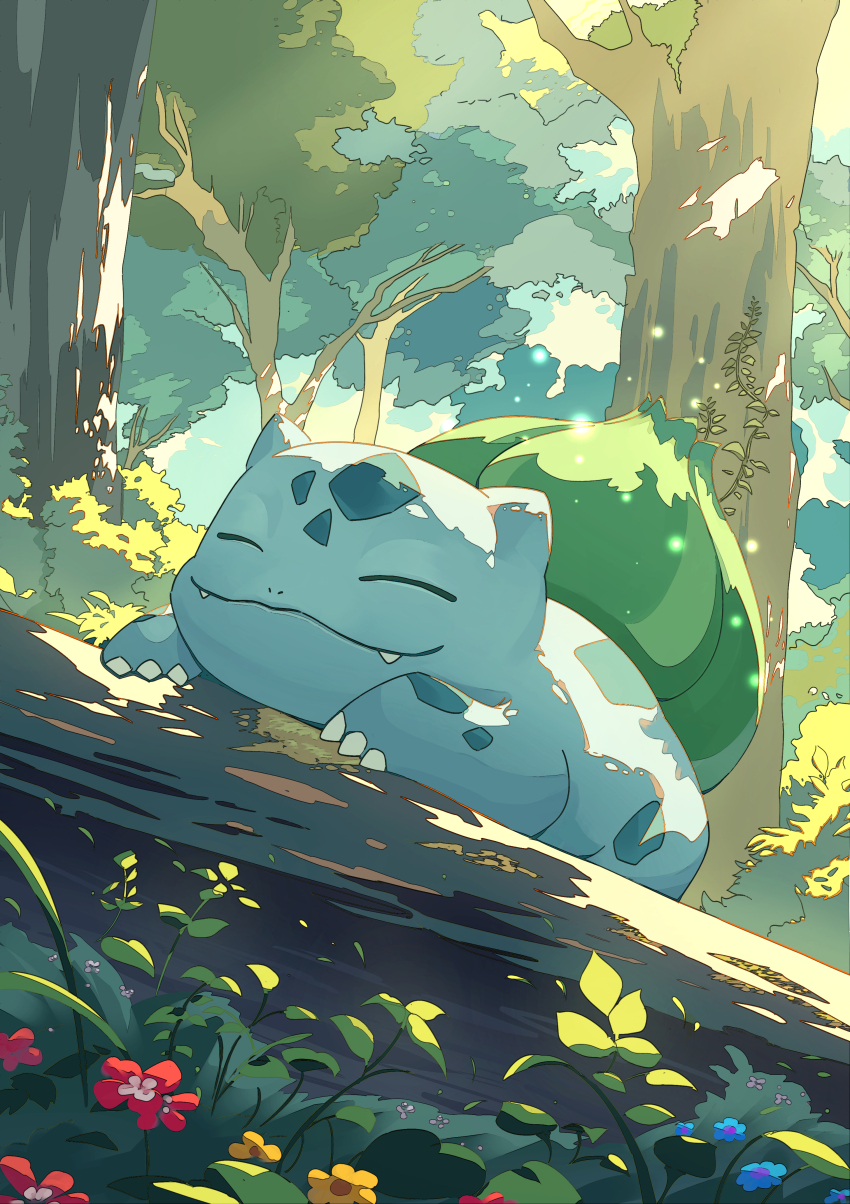 absurdres animal_focus blue_flower branch bulbasaur closed_eyes closed_mouth creatures_(company) fallen_tree fangs flower forest game_freak gen_1_pokemon grass highres kumo33 nature nintendo no_humans nostrils outdoors pokemon pokemon_(creature) red_flower sleeping solo tree