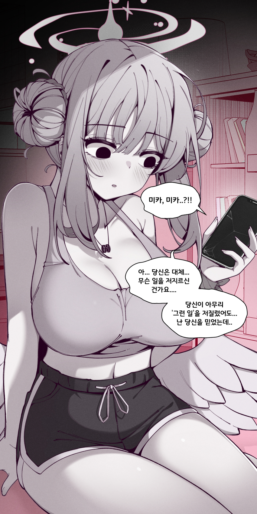 1girl absurdres blank_eyes blue_archive book bookshelf breasts cracked_screen double_bun hair_between_eyes hair_bun highres holding holding_phone jewelry kyoto_mogu large_breasts mika_(blue_archive) necklace phone short_shorts shorts sidelocks sitting tank_top translation_request yandere