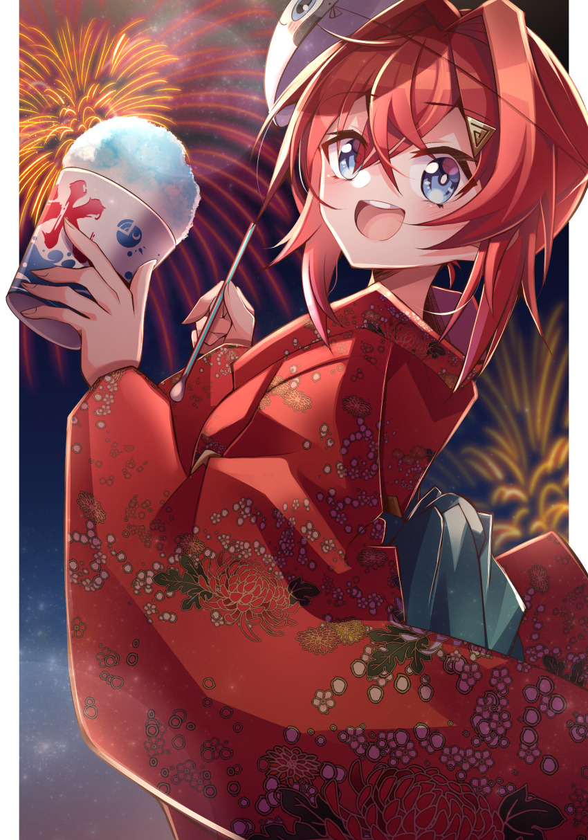 :d absurdres ange_katrina blue_eyes blush cup fireworks food from_side hair_between_eyes highres holding holding_cup holding_spoon japanese_clothes kimono nijisanji open_mouth papa-kun_(destiny549-2) red_hair red_kimono shaved_ice short_hair smile solo spoon virtual_youtuber yukata