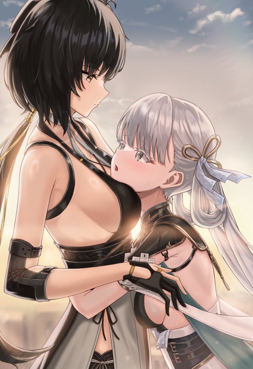 2girls absurdres backless_dress backless_outfit bare_back bare_shoulders black_dress black_gloves black_hair breasts colored_eyelashes dress female_rover_(wuthering_waves) gloves grey_eyes grey_hair grey_ribbon grey_sky hair_ribbon highres hug ilbanseomin jinhsi_(wuthering_waves) long_hair looking_at_another multiple_girls outdoors ribbon rover_(wuthering_waves) sideboob sky sleeveless sleeveless_dress tears upper_body very_long_hair wuthering_waves yuri