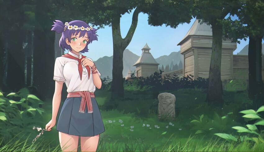 1girl absurdres breasts commentary commission cowboy_shot everlasting_summer flower_wreath forest fort grass green_eyes head_wreath highres holding leonzo medium_breasts miniskirt nature neckerchief polo_shirt purple_hair red_neckerchief skirt solo tombstone tree two_side_up unyl-chan