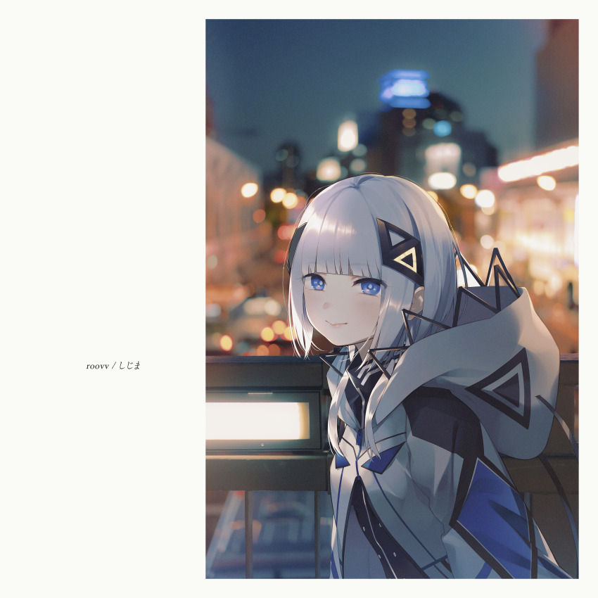 1girl absurdres album_cover blue_eyes blurry cevio cityscape cover depth_of_field evening fuzuki_fuuro grey_hair hair_ornament highres hood hooded_jacket jacket kafu_(cevio) kamitsubaki_studio looking_at_viewer outdoors photo_background railing short_hair sky smile solo upper_body