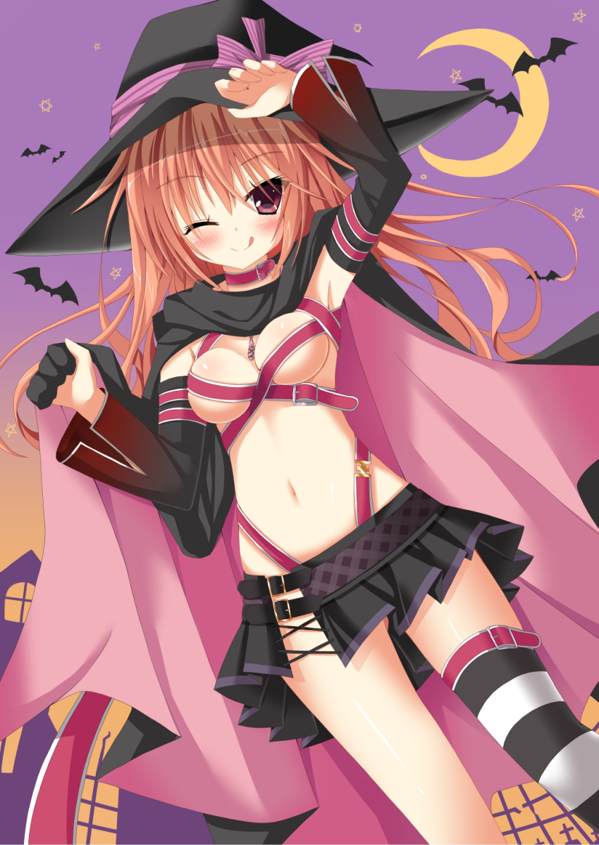 1girl ;q arm_up armpits ayachi_nene ayachi_nene_(cosplay) bare_shoulders bat_(animal) belt belt_bra black_cape black_hat black_shirt blush breasts breasts_squeezed_together cape clip_studio_paint_(medium) closed_mouth commentary_request cosplay crescent_moon detached_sleeves dutch_angle eyelashes eyes_visible_through_hair feet_out_of_frame floating_hair hair_between_eyes hair_down halloween hand_up happy hat highres hip_vent holding holding_cape holding_unworn_clothes inaba_meguru long_hair long_sleeves looking_at_viewer medium_breasts miniskirt moon navel nekono one_eye_closed orange_hair pink_belt pink_cape pleated_skirt purple_background red_eyes sanoba_witch shiny_skin shirt simple_background single_thighhigh skirt smile solo split_mouth standing star_(symbol) striped_clothes striped_thighhighs thighhighs tongue tongue_out tsurime two-sided_cape two-sided_fabric two-tone_cape wide_sleeves witch witch_hat zettai_ryouiki