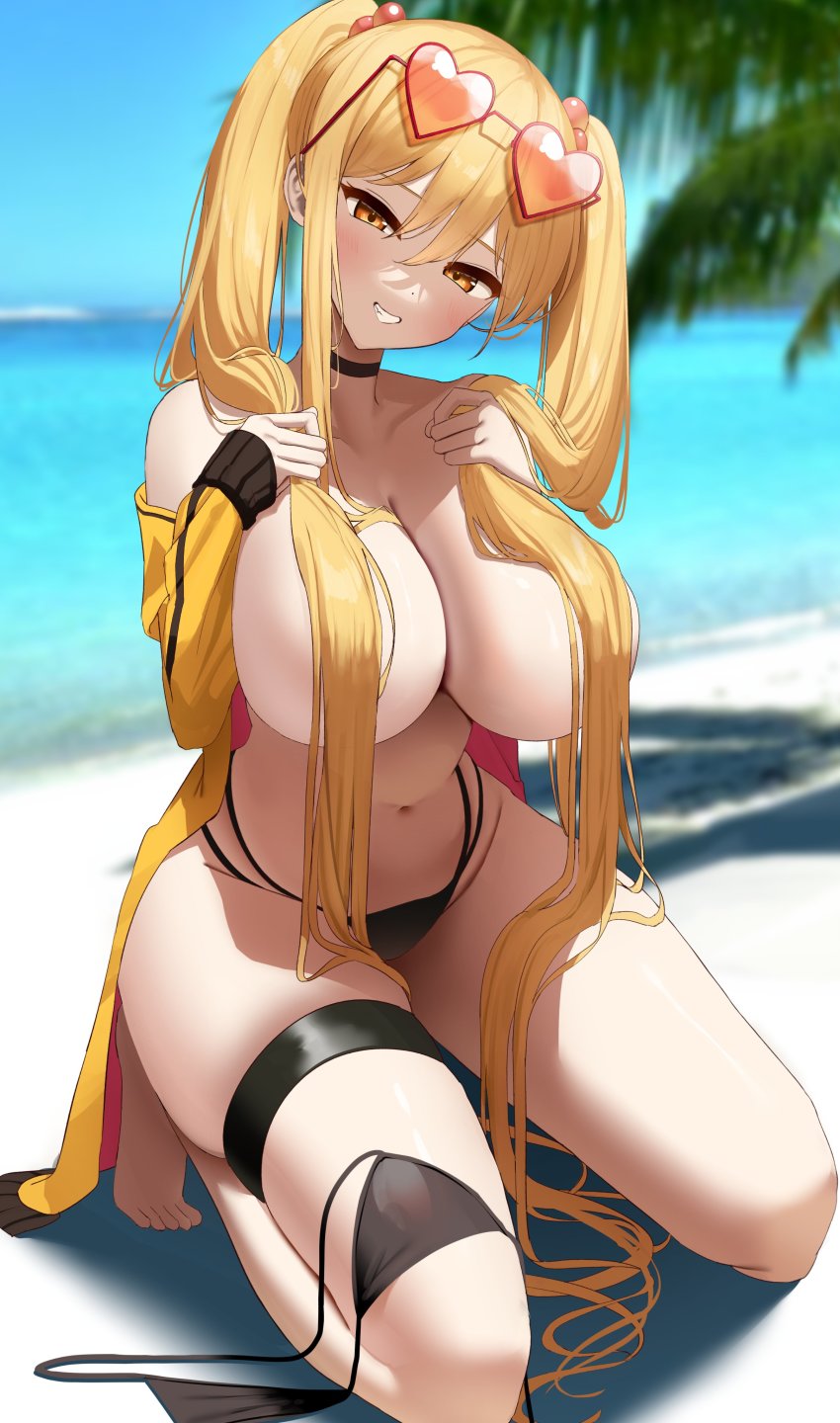 1girl absurdres beach bikini black_bikini blonde_hair blur breasts choker cleavage clenched_teeth covered_erect_nipples eyewear_on_head glasses_on_head grin highres huge_breasts kneeling legs_folded looking_at_viewer navel nicorima original outdoors smile solo sunglasses swimsuit teeth thick_thighs thigh_strap thighs tilted_head tiptoes topless_female twintails unworn_bikini_top yellow_eyes