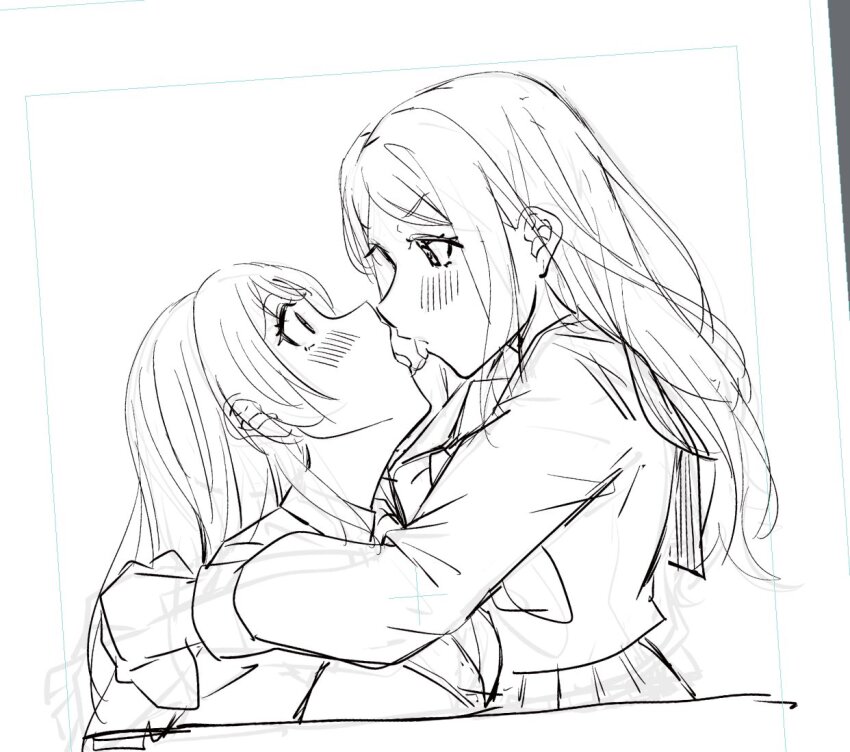 2girls after_kiss bang_dream! bang_dream!_it&#039;s_mygo!!!!! blush chihaya_anon commentary_request extreme_yuri_buta eye_contact greyscale hug long_hair looking_at_another monochrome multiple_girls nagasaki_soyo saliva saliva_trail school_uniform sidelocks sketch tsukinomori_school_uniform yuri