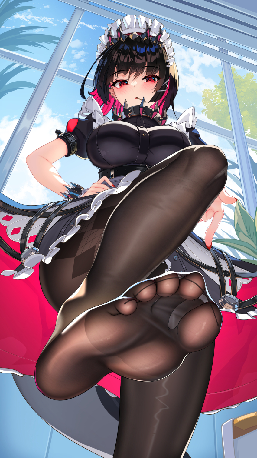 1girl black_hair black_pantyhose blush breasts commentary day ellen_joe english_commentary feet foot_out_of_frame from_below hand_on_own_hip highres large_breasts legs looking_at_viewer looking_down maid_headdress mole mole_under_eye multicolored_hair nail_polish nekoda_(maoda) paid_reward_available pantyhose parted_lips pink_hair red_eyes red_nails revision short_hair short_sleeves soles solo thighs toes two-tone_hair window zenless_zone_zero