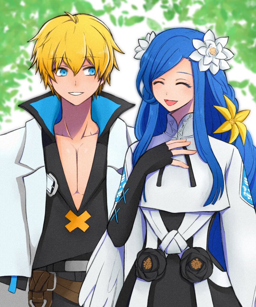 1boy 1girl :d ^_^ belt blonde_hair blue_eyes blurry blurry_background closed_eyes collarbone dizzy_(guilty_gear) flower giyutasuto guilty_gear guilty_gear_strive hair_flower hair_ornament high_collar highres ky_kiske looking_at_another open_mouth pectoral_cleavage pectorals queen_dizzy short_hair smile standing white_flower