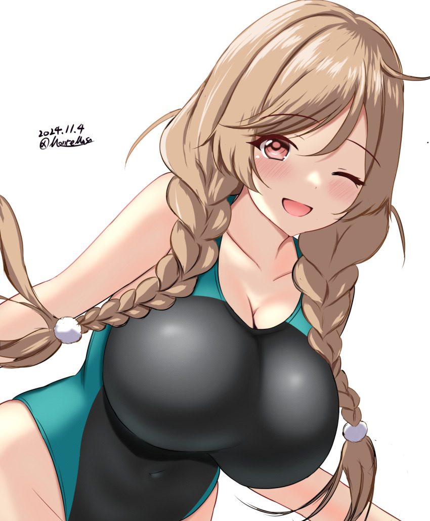 1girl black_one-piece_swimsuit blush braid breasts cloud_hair_ornament competition_swimsuit covered_navel dated green_one-piece_swimsuit hair_between_eyes highres impossible_clothes impossible_swimsuit kantai_collection large_breasts light_brown_hair long_hair looking_at_viewer minegumo_(kancolle) montemasa multicolored_clothes multicolored_swimsuit one-hour_drawing_challenge one-piece_swimsuit one_eye_closed open_mouth red_eyes smile solo swimsuit twin_braids twitter_username two-tone_swimsuit upper_body white_background