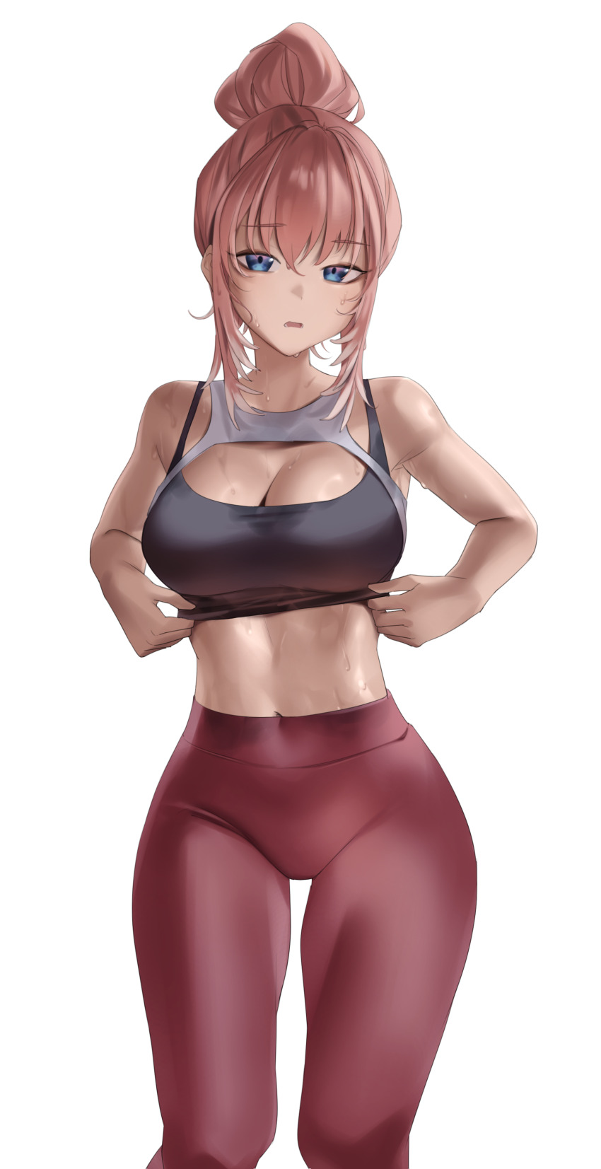 1girl absurdres adjusting_clothes alternate_costume alternate_hairstyle aragiken bare_arms bare_shoulders black_tank_top blue_eyes breasts commentary english_commentary hair_bun highres hololive large_breasts leggings looking_at_viewer navel open_mouth pink_hair red_leggings simple_background single_hair_bun solo sweat takane_lui tank_top thighs virtual_youtuber white_background