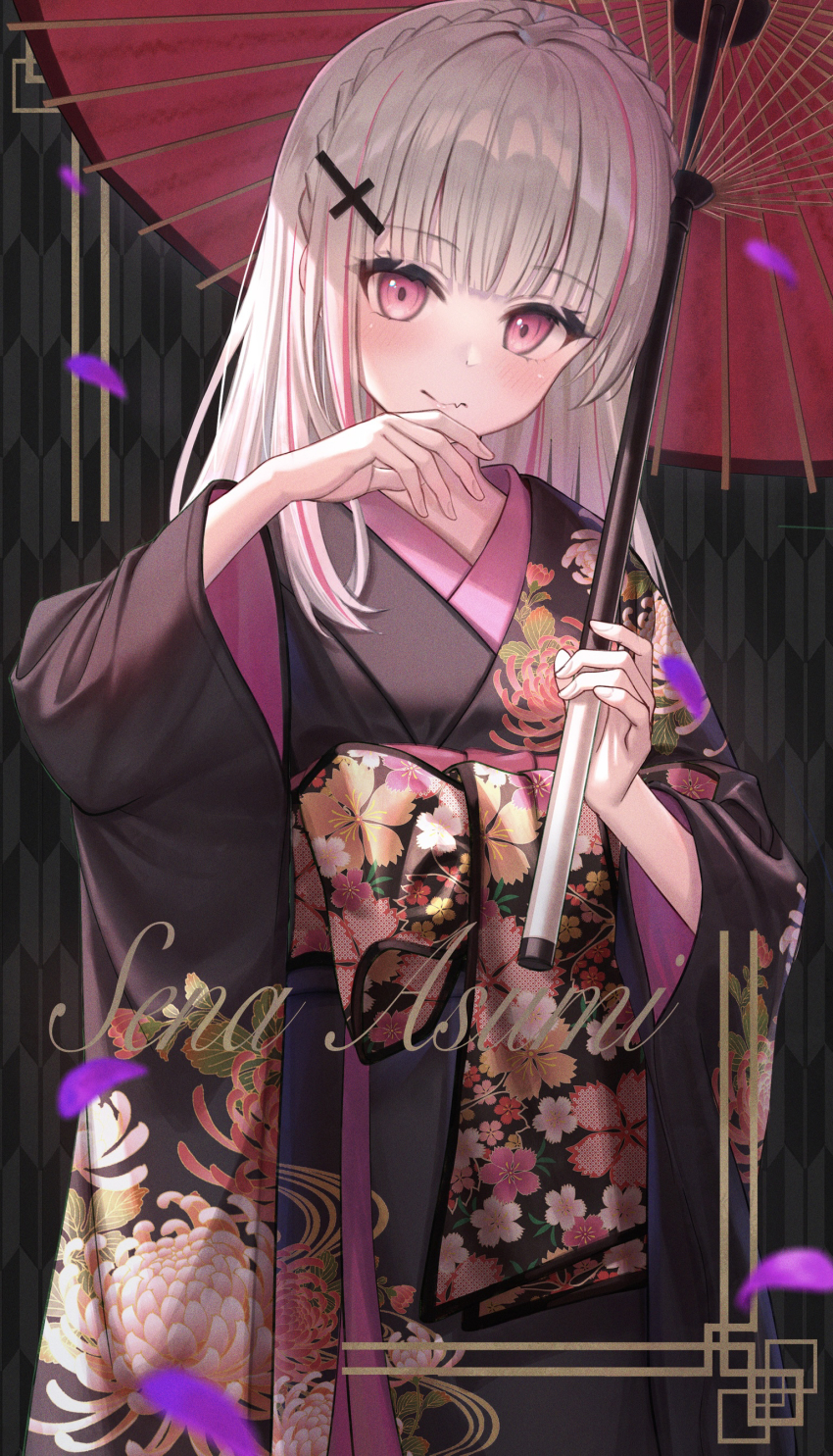 1girl absurdres alternate_costume asumi_sena black_kimono braid cattleya_regina_games floral_print hair_ornament hairpin highres holding holding_umbrella japanese_clothes kimono long_hair looking_at_viewer multicolored_hair obi oil-paper_umbrella petals pink_eyes pink_hair sash shakkiyi umbrella virtual_youtuber vspo! white_hair