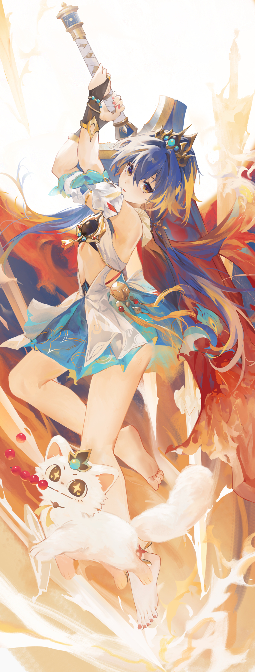 1girl absurdres arms_up bare_shoulders black_bridal_gauntlets blonde_hair blue_hair bridal_gauntlets china_dress chinese_clothes dark_blue_hair detached_sleeves dress full_body hair_between_eyes hair_ornament highres holding holding_sword holding_weapon honkai:_star_rail honkai_(series) long_hair looking_at_viewer navel parted_lips short_sleeves smile solo swkl:d sword tanghulu weapon yellow_eyes yunli_(honkai:_star_rail)