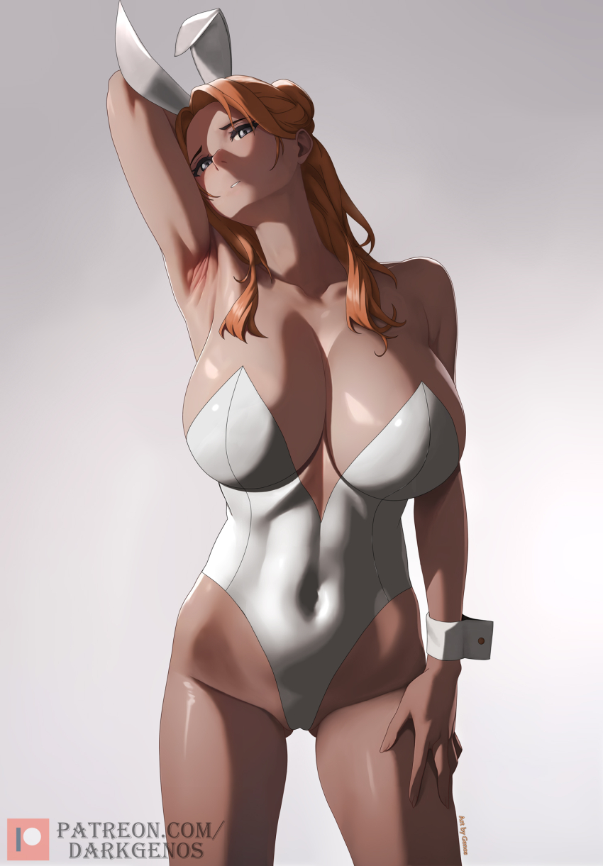 1girl alternate_eye_color animal_ears arm_behind_head armpit_crease armpits artist_name bare_shoulders bleach bleach:_sennen_kessen-hen breasts cleavage collarbone cuffs dark_genos fake_animal_ears fake_bunny_ears female_focus highres inoue_orihime large_breasts leotard long_hair orange_hair patreon_username playboy_bunny simple_background strapless strapless_leotard variant_set white_leotard white_wrist_cuffs wrist_cuffs