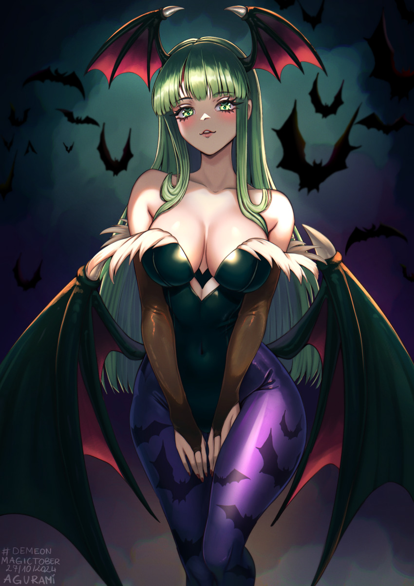 1girl absurdres agurami bat_(animal) black_leotard blunt_bangs breasts darkstalkers green_eyes green_hair head_wings highres inktober leotard looking_at_viewer morrigan_aensland pantyhose purple_pantyhose smile solo strapless strapless_leotard wings