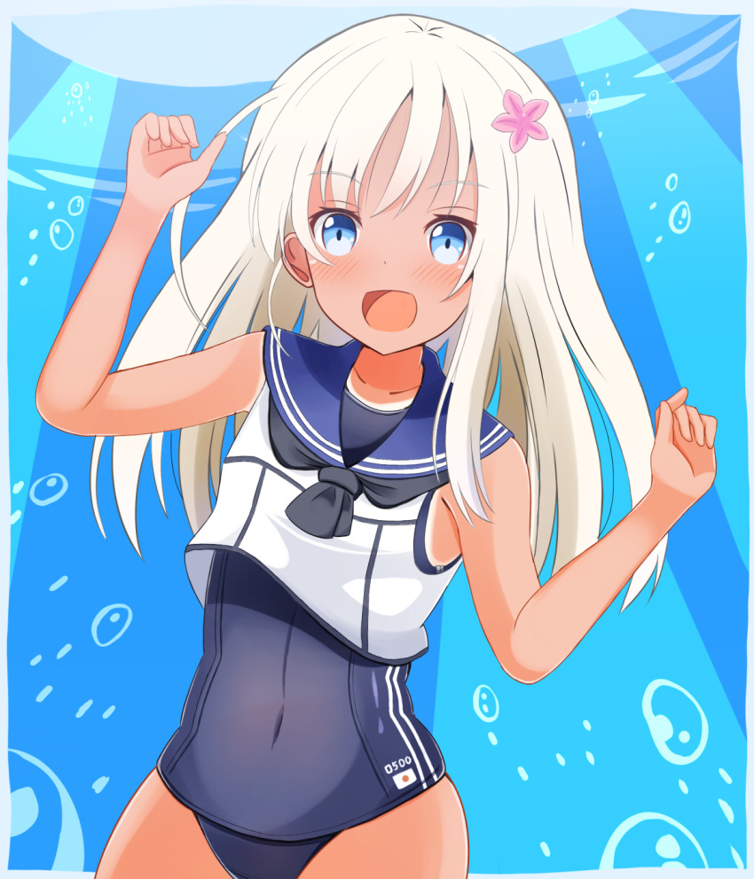 1girl air_bubble black_neckerchief blonde_hair blue_eyes blue_one-piece_swimsuit blue_sailor_collar bubble commentary_request covered_navel crop_top flower hair_flower hair_ornament highres kantai_collection long_hair looking_at_viewer neckerchief one-piece_swimsuit one-piece_tan open_mouth ringo002 ro-500_(kancolle) sailor_collar school_swimsuit shirt sleeveless sleeveless_shirt smile solo swimsuit swimsuit_under_clothes tan tanline underwater