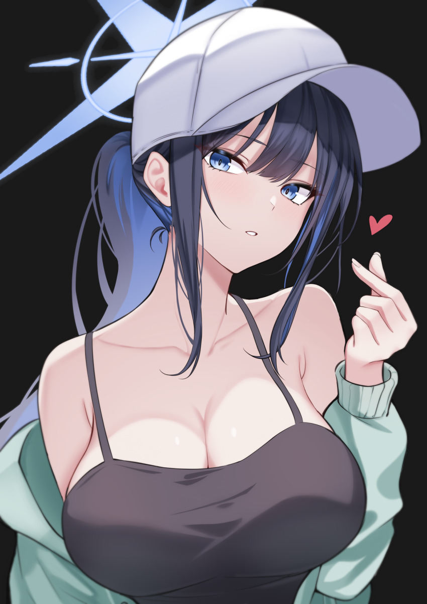 1girl bare_shoulders baseball_cap black_background black_camisole black_hair blue_archive blue_eyes blue_hair breasts camisole cleavage collarbone colored_inner_hair commentary espada_gcon finger_heart green_jacket hat heart highres jacket large_breasts long_hair looking_at_viewer multicolored_hair off_shoulder official_alternate_costume official_alternate_hairstyle open_clothes open_jacket ponytail saori_(blue_archive) saori_(swimsuit)_(blue_archive) sidelocks simple_background solo white_hat