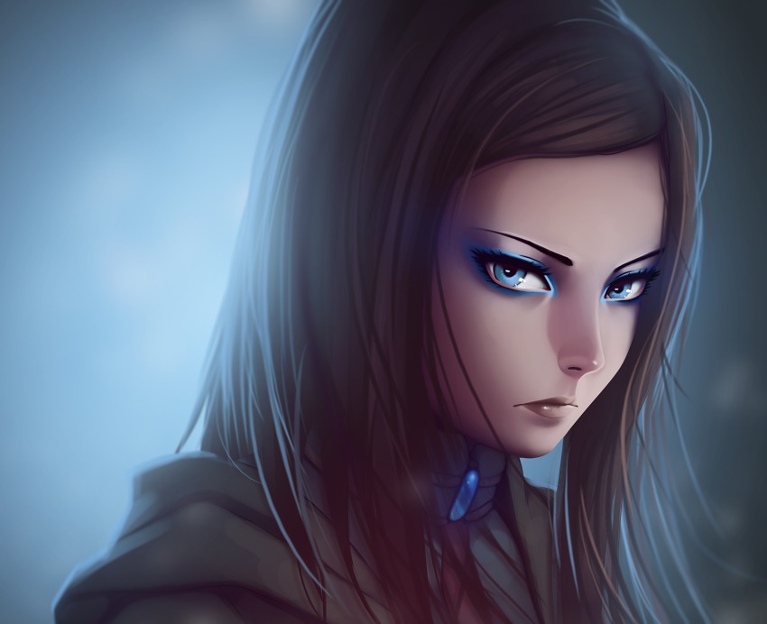 00s 1girl black_hair blue_eyes blue_gemstone brooch brown_coat closed_mouth coat derivative_work ergo_proxy expressionless eyeshadow female_focus gem highres jewelry lips looking_at_viewer makeup miura-n315 portrait re-l_mayer solo upper_body