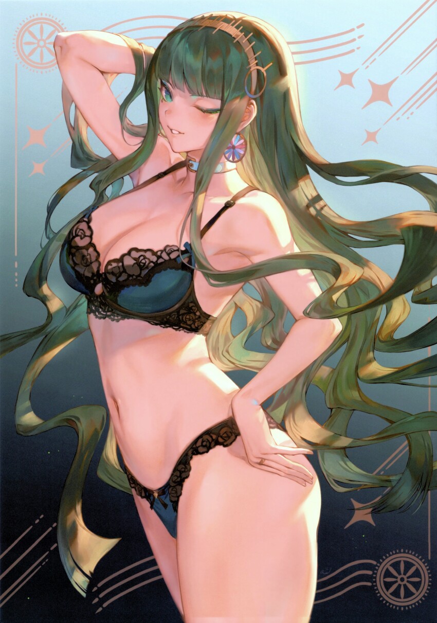 1girl absurdres aqua_eyes arm_behind_head arm_up bare_shoulders blush bow bow_panties bra breasts choker cleavage cleopatra_(fate) collarbone earrings fate/grand_order fate_(series) gradient_background grey_hair hairband hand_on_own_hip highleg highleg_panties highres jewelry large_breasts lingerie long_hair looking_at_viewer mashuu_(neko_no_oyashiro) navel one_eye_closed panties parted_lips ribbon ring scan simple_background smile solo stomach thighs underwear underwear_only