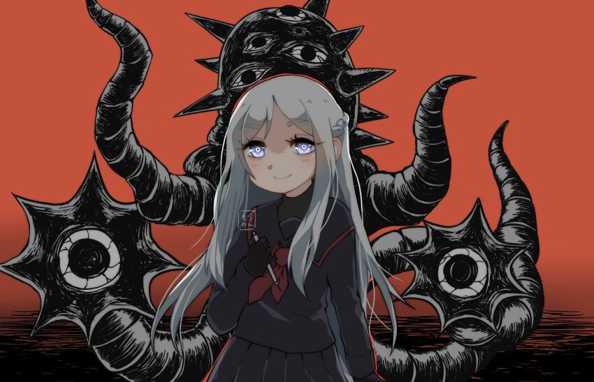 1girl black_eyes black_gloves black_shirt black_skirt blue_eyes blush braid closed_mouth gloves hand_up highres ichijou_michiru long_hair long_sleeves looking_at_viewer mieruko-chan monster moriyun multiple_eyes octopus pencil red_background sailor_collar school_uniform shirt simple_background skirt smile thorns very_long_hair white_hair