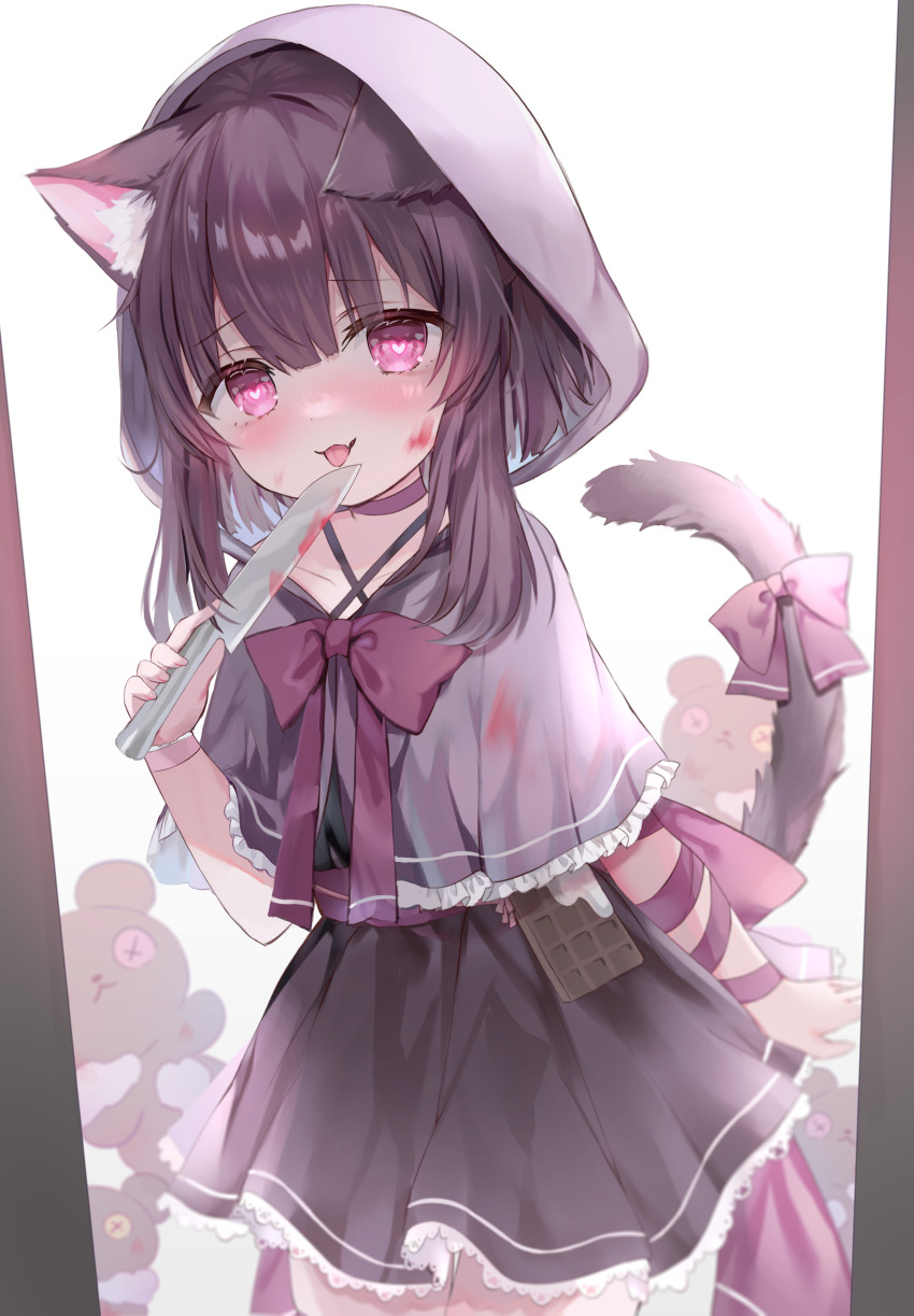 1girl :p absurdres animal_ear_fluff animal_ears black_hair black_skirt bow capelet cat_ears cat_girl cat_tail closed_mouth commentary_request fallenshadow fallenshadow_(1st_costume) fang frilled_capelet frills grey_capelet heart heart-shaped_pupils highres holding holding_knife hood hood_up hooded_capelet indie_virtual_youtuber knife looking_at_viewer pink_eyes purple_bow rucaco skirt smile solo stuffed_animal stuffed_toy stuffing symbol-shaped_pupils tail tail_bow tail_ornament teddy_bear tongue tongue_out virtual_youtuber white_background