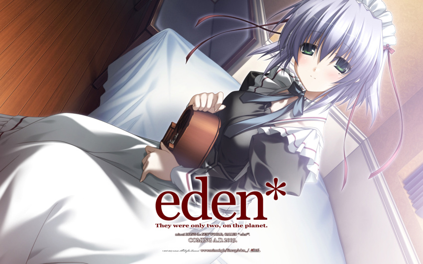 1girl bed bench chikotam copyright_name corset detached_collar dress eden_they_were_only_two_on_the_planet elica english_text frills green_eyes highres holding juliet_sleeves long_sleeves maid maid_headdress mole mole_under_eye official_art promotional_art puffy_sleeves purple_hair radio short_hair smile white_dress window_blinds wooden_floor