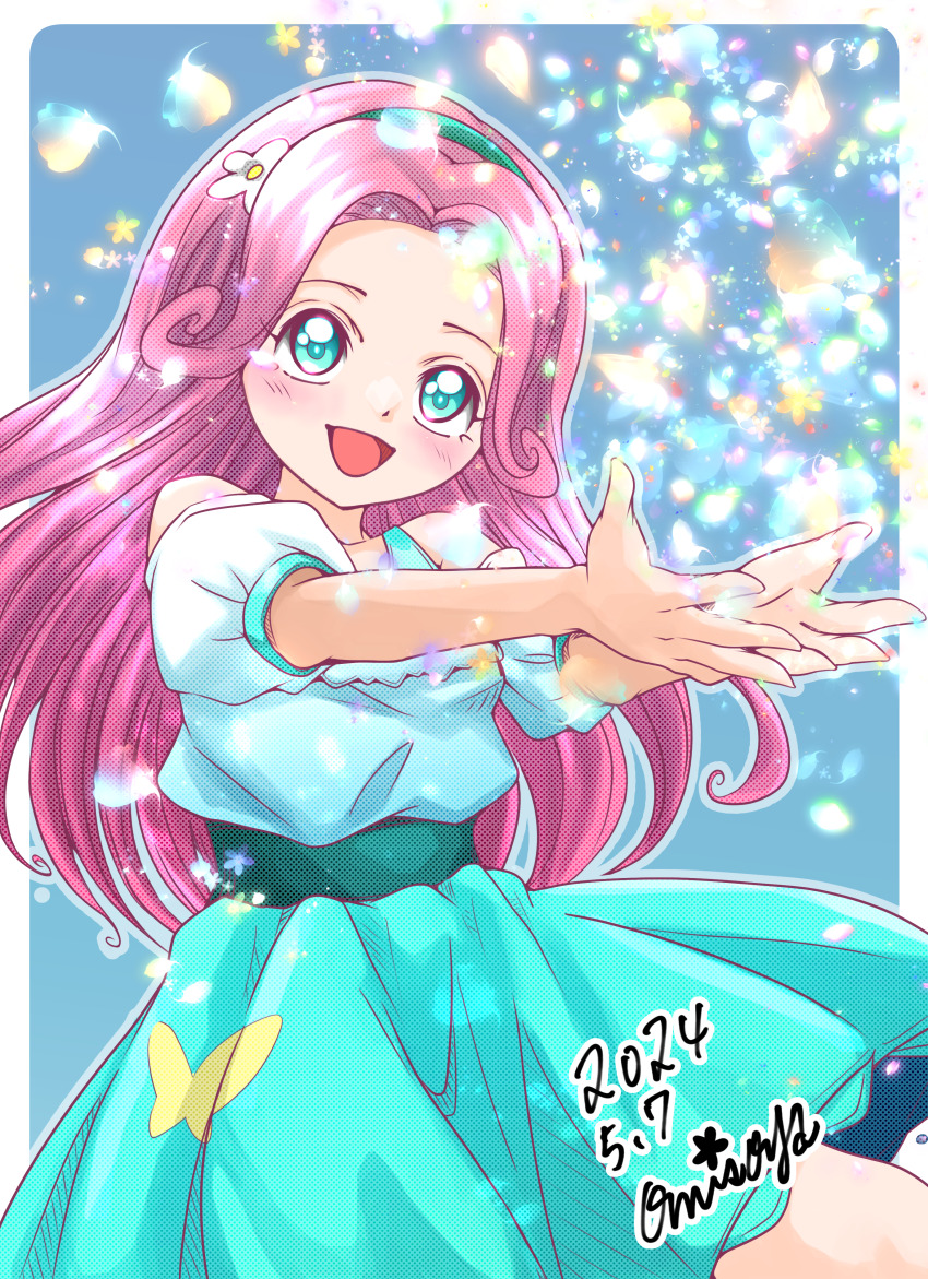 1girl aqua_eyes blush dated flower green_hairband green_skirt hair_flower hair_ornament hairband hanami_kotoha long_hair mahou_girls_precure! off-shoulder_shirt off_shoulder omisoya open_mouth pink_hair precure shirt signature skirt smile solo white_shirt