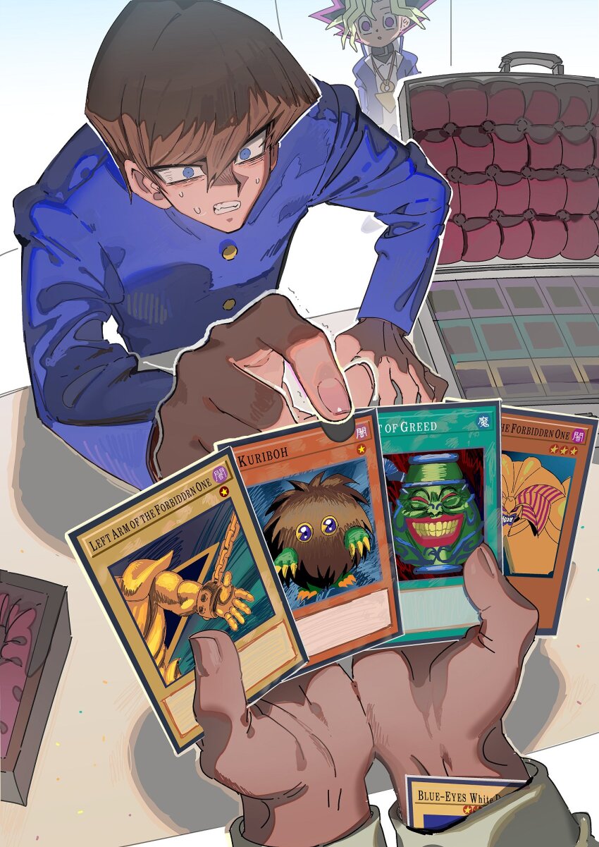 3boys blue-eyes_white_dragon blue_eyes blue_jacket brown_hair card cheating_(competitive) commentary english_commentary exodia_the_forbidden_one highres holding holding_card jacket kaiba_seto kuriboh male_focus multiple_boys muto_sugoroku muto_yugi pot_of_greed pov pov_hands trading_card youduk yu-gi-oh! yu-gi-oh!_duel_monsters