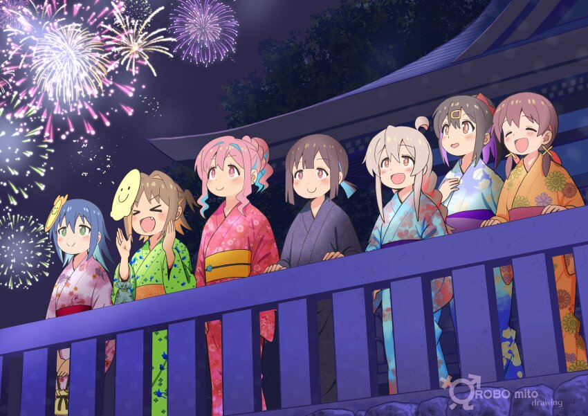 &gt;_&lt; 6+girls :d absurdres aerial_fireworks ahoge aqua_hair artist_name black_hair black_kimono blue_hair blue_kimono blush braid braided_ponytail brown_eyes brown_hair closed_eyes colored_inner_hair commentary_request fang fireworks floral_print floral_print_kimono green_eyes green_kimono grey_hair hair_between_eyes hair_intakes hair_ornament hairclip highres hozuki_kaede hozuki_momiji japanese_clothes kimono long_hair low_twintails male-female_symbol mask mask_on_head multicolored_hair multiple_girls murosaki_miyo night obi oka_asahi onii-chan_wa_oshimai! open_mouth orange_hair orange_kimono outdoors oyama_mahiro oyama_mihari pink_hair ponytail print_kimono purple_hair railing red_eyes red_hair red_kimono robomito sash short_hair short_ponytail sidelocks smile tenkawa_nayuta twintails two-tone_hair two_side_up xd yukata