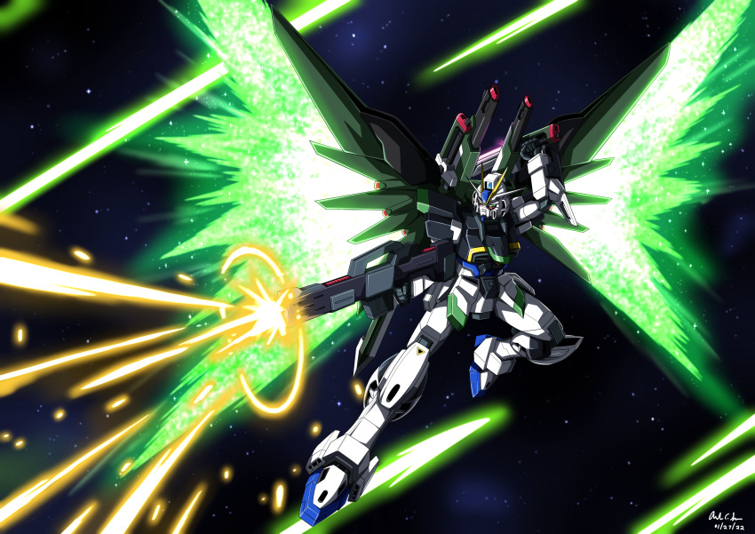 absurdres character_request commentary commission dated energy english_commentary full_body glowing green_eyes gun gundam highres holding holding_gun holding_weapon innovator123 mecha outdoors robot signature sky space star_(sky) starry_sky weapon wings