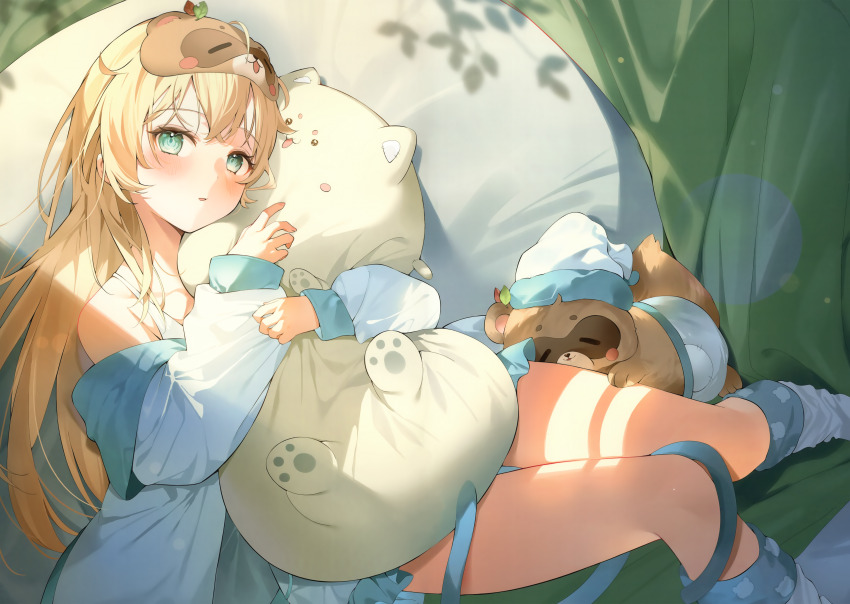 1girl absurdres blonde_hair blush feet_out_of_frame green_eyes hana_mori highres holding holding_pillow hololive kazama_iroha legs long_hair long_sleeves looking_at_viewer lying on_back pajamas pillow pokobee scan socks thighs virtual_youtuber white_socks