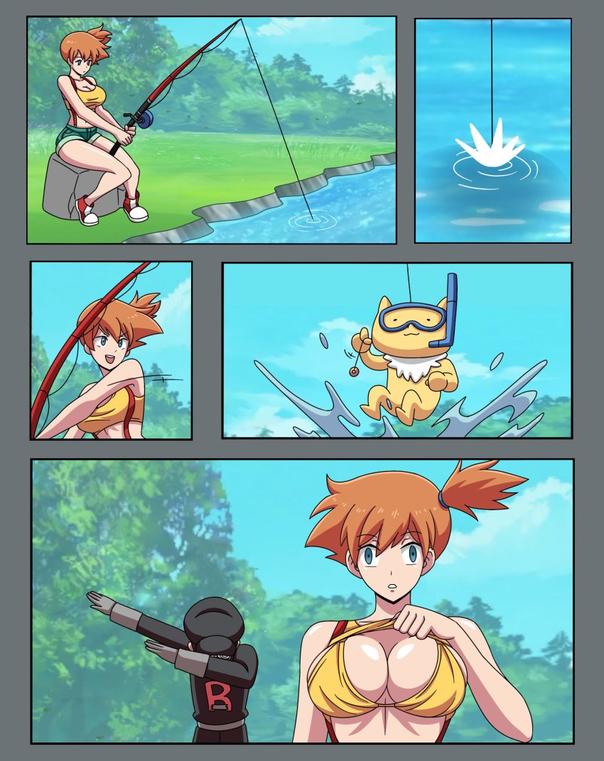 1girl bare_legs bikini breasts chibi cleavage clothes_lift creatures_(company) dab_(dance) electrickronos empty_eyes expressionless fishing_rod game_freak gen_1_pokemon green_eyes hat highres hypno hypnosis imminent_penetration large_breasts legs midriff mind_control misty_(pokemon) nintendo orange_hair pokemon pokemon_(anime) pokemon_(classic_anime) pokemon_rgby scuba_mask shirt_lift shorts side_ponytail snorkel suspenders swimsuit team_rocket team_rocket_grunt undressing