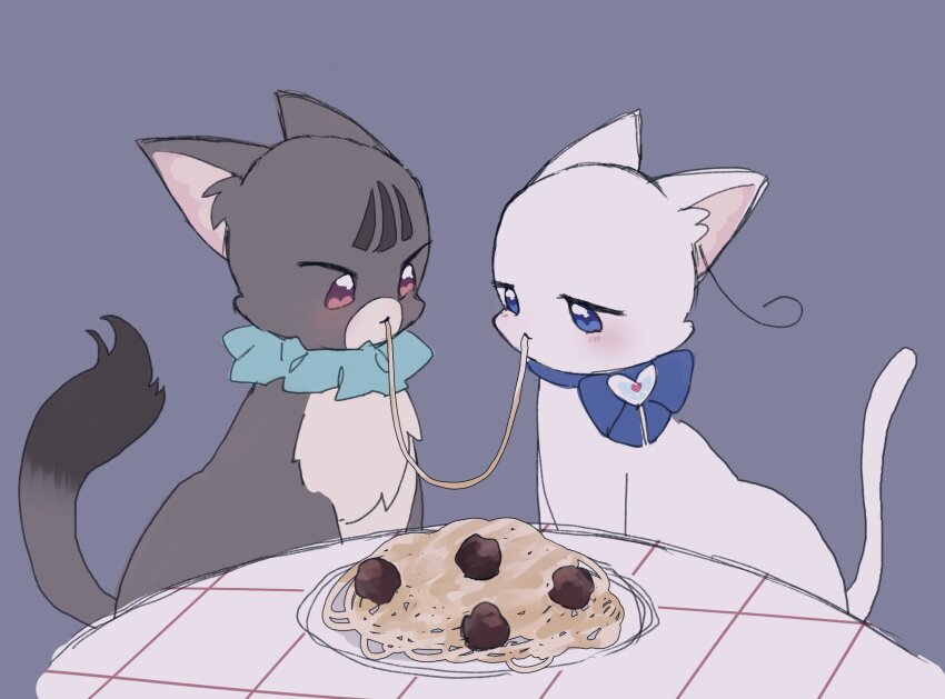 animalization blue_eyes blush bow cat food frills grey_background highres lady_and_the_tramp meatball nekoyashiki_mayu nekoyashiki_yuki nekoyashiki_yuki_(cat) no_humans pasta precure red_eyes rita_(myyk_rrnyam) shared_food simple_background spaghetti table wonderful_precure! yuri