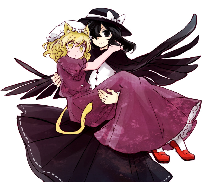 2girls animal_ears black_capelet black_hair black_skirt blonde_hair brown_eyes capelet cat_ears cat_tail dress feathered_cape fedora hair_over_one_eye hat light_smile loafers magical_astronomy maribel_hearn maribel_hearn_(cat) mob_cap multiple_girls puffy_short_sleeves puffy_sleeves purple_dress purple_skirt red_footwear shirt shoes short_hair short_sleeves skirt tail tama_(hiroshige_36) touhou usami_renko usami_renko_(bird) white_background white_shirt wings yellow_eyes