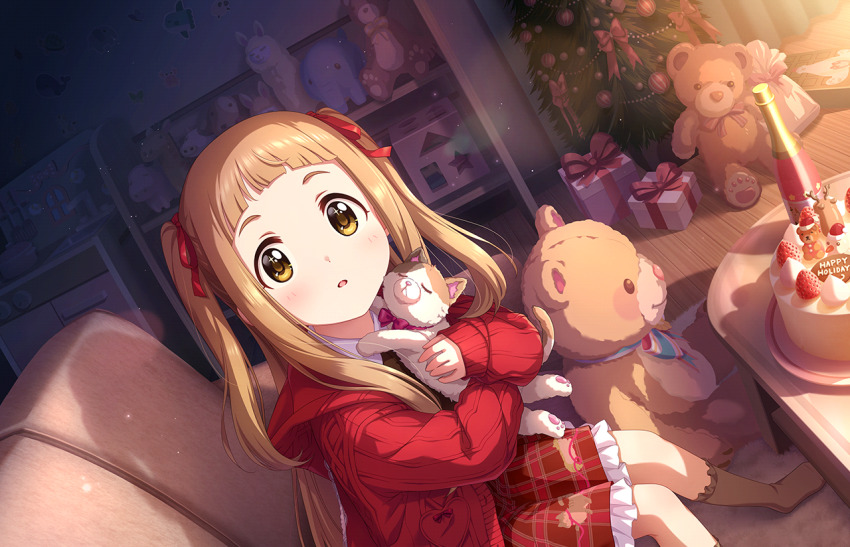 1girl bow box brown_hair cake christmas christmas_tree english_text food frills fruit game_cg gift gift_box hat hugging_object ichihara_nina idolmaster idolmaster_cinderella_girls idolmaster_cinderella_girls_starlight_stage official_art plate reindeer santa_hat shadow sitting snowman solo star_(symbol) strawberry stuffed_animal stuffed_cat stuffed_toy table teddy_bear twintails yellow_eyes